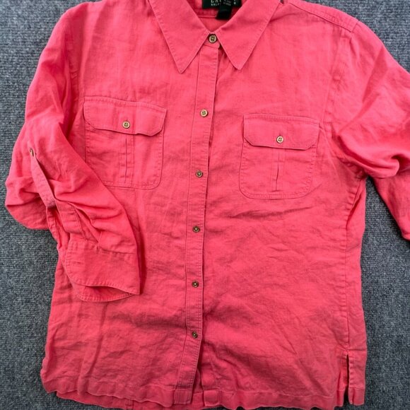 Lauren Ralph Lauren Button Up Shirt Womens Large Linen Long Sleeve Salmon - Picture 1 of 13